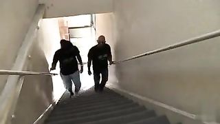 Kinky slut gets fucked by 2 BBC in the toilet room and squirt